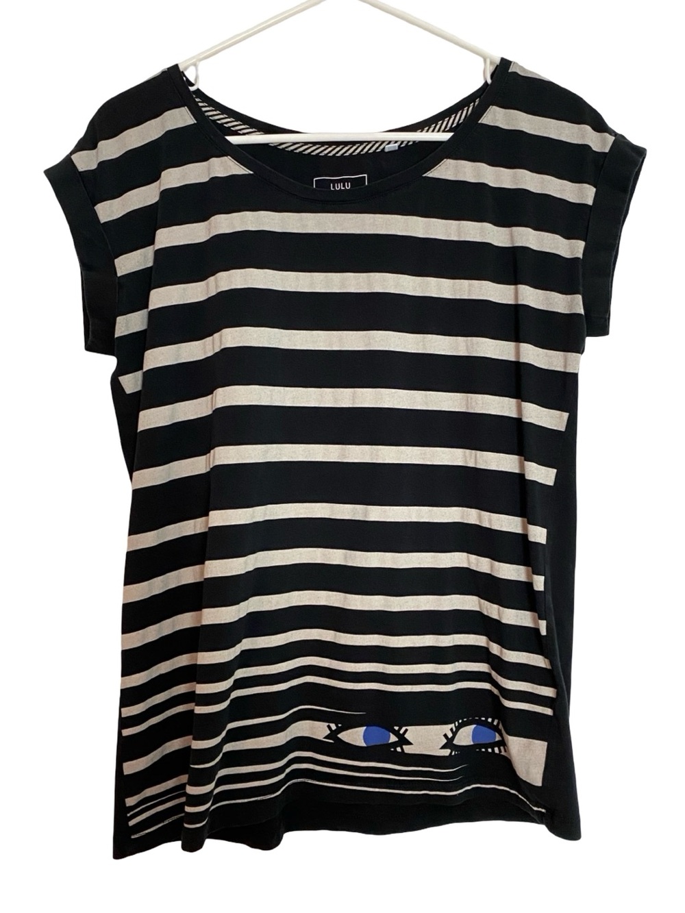 Lulu Guinness Striped Tee Shirt Top Womens Size Large Eyes Black Lightweight